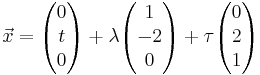 \vec x = \begin{pmatrix} 0 \\ t \\ 0 \end{pmatrix} + \lambda\begin{pmatrix} 1 \\ -2 \\ 0 \end{pmatrix} + \tau\begin{pmatrix} 0 \\ 2 \\ 1 \end{pmatrix} 