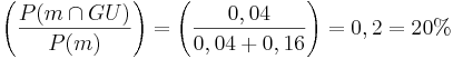 \left( \frac{ P(m\cap GU)}{P(m)}\right) = \left( \frac{ 0,04}{0,04+0,16}\right) = 0,2 = 20% 