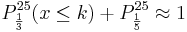  P_{\frac {1}{3}}^{25} (x \le k) + P_{\frac {1}{5}}^{25} \approx 1 