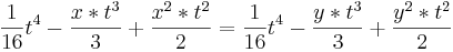 \frac{1}{16}t^4 - \frac{x*t^3}{3} +  \frac{x^2*t^2}{2} = \frac{1}{16}t^4 - \frac{y*t^3}{3} +  \frac{y^2*t^2}{2}