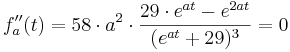 f''_{a}(t) = 58\cdot a^{2} \cdot \frac {29\cdot e^{at} - e^{2at}}{(e^{at}+29)^{3}} = 0 