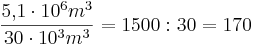 \frac{5{,}1 \cdot 10^6m^3}{30 \cdot10^3 m^3}=1500:30 =170