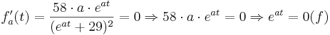 f'_{a} (t) = \frac{58\cdot a\cdot e^{at} }{(e^{at}+29) ^{2}} = 0 \Rightarrow 58\cdot a \cdot e^{at} = 0 \Rightarrow e^{at} = 0 (f)