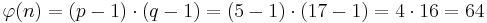 \varphi(n)= (p-1)\cdot (q-1)= (5-1)\cdot (17-1)=4\cdot 16 =64