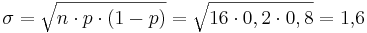  \sigma = \sqrt{n \cdot p \cdot (1-p)} = \sqrt{16 \cdot 0,2 \cdot 0,8} = 1{,}6