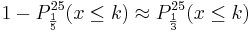  1- P_{\frac {1}{5}}^{25} (x \le k) \approx P_{\frac {1}{3}}^{25} (x \le k)