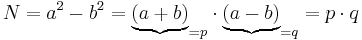 N = a^2 - b^2  =\underbrace {(a+b)}_{=p}\cdot \underbrace {(a-b)}_{= q} = p\cdot q