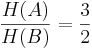 \frac{H(A)}{H(B)} = \frac {3} {2} 
