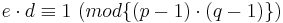 e\cdot d\equiv 1\ (mod\{(p-1)\cdot (q-1)\})